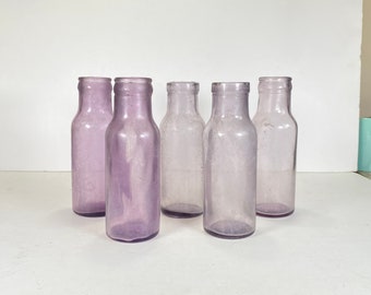 SET OF 5) Antique, Sun Coloured Amethyst, Purple Manganese Glass, Bottles/Jars. Pre 1915.