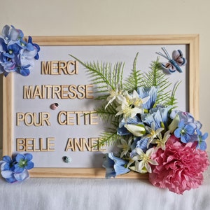 Regalo señora marco de fotos de madera decorado con flores clavel petunias hortensias estrellas del sur hojas verdes "GRACIAS BLUE MISTRESS""