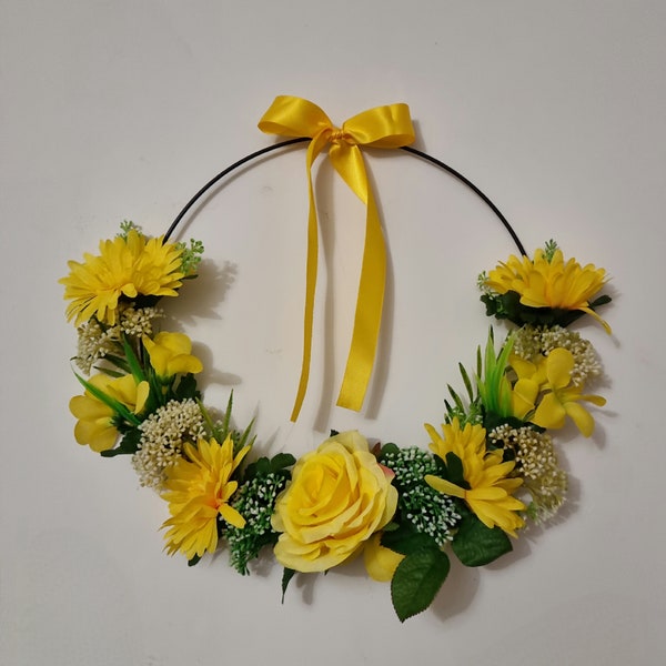 Cercle fleuri en métal noir bouquet jaune "VIVE LE PRINTEMPS"