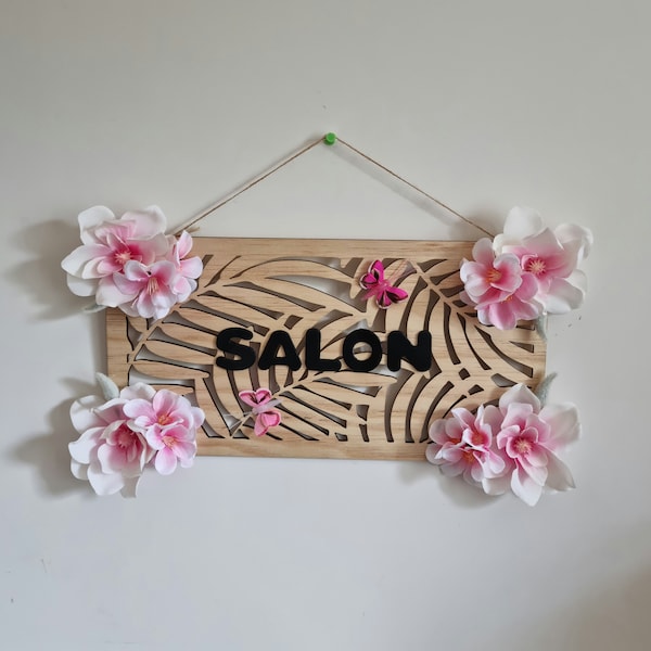 Plaque en bois motif feuille décoré de fleurs magnolia fleurs de cerisier papillon "SALON"