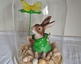 Decorative glass bell wooden base white rabbit with its umbrella straw lagurus "RABBIT IN THE RAIN"