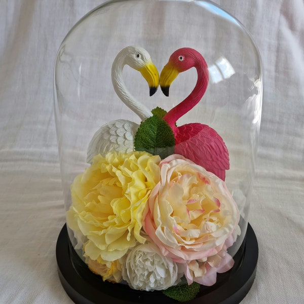 Cloche en verre décoré artisanale flamants rose fleurs toute sorte "FLAMANTS ROSE"