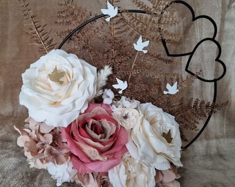 Handcrafted black metal circle decorated with brown leaf, cream rose and pink hydrangea and cherry blossoms "FLYING DOVES"