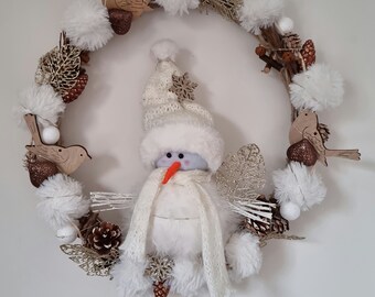 Traditional nature wicker wreath made with a snowman white pompoms birds pine cone Christmas "ENCHANTE NATURE"