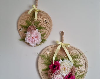 Duo of handcrafted fans in palm leaf decorated with butterfly anemone peonies "EVENTAIL PEONIES ANEMONES"