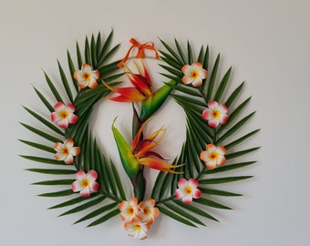Couronne décorative fleuri en métal doré palmiers et oiseaux du paradis "LE PARADIS"