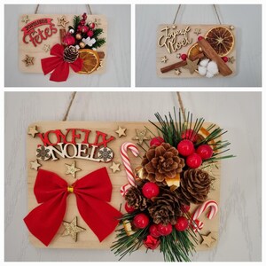 Plaque en bois artisanale décoré pour noël pomme de pin baie rouge orange cannelle fleur de coton sucre d'orge étoile "PETITE CARTE POSTALE"