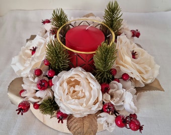 Flowery artisanal raw wooden dish decorated with cream roses, cherry blossoms, red berries, fir branches "CHRISTMAS CHRISTMAS"