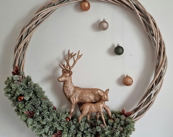 Grey wicker crown decorated with frosted fir branches pine cone 2 reindeer Christmas balls "REINDEER PARADISE"