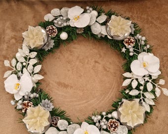 Artificial fir wicker wreath with orchid, white foliage, flowers and silver berries, pine cone, stars "WHITE ADVENT WREATH"