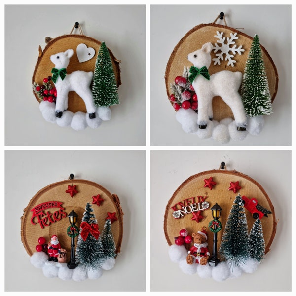 Mini rondin de bois artisanale décoré pour noël avec différents sujet renne père noël ours baie rouge étoiles sapin ponpom "RONDIN DE BOIS "