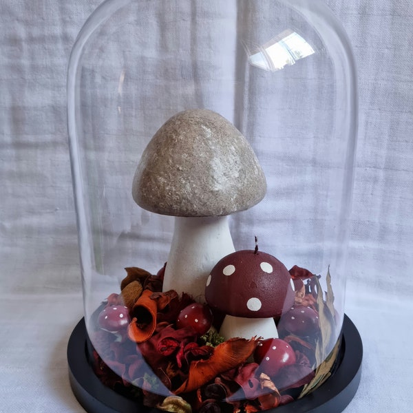 Cloche en verre décoré sur le thème de l'automne champignons mini champignons pot pourri pour l'automne "CHAMPIGNONS LAND"