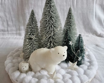 Handmade wooden dish decorated with candle bear fir green pompoms white and lights "WELCOME to POLE NORD"