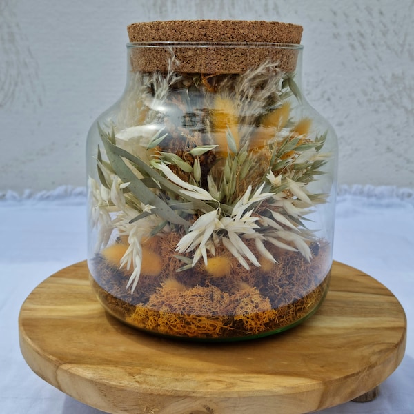 Bocal en verre décoratif fleurs séchées beige et orange "BOCAL ORANGE"