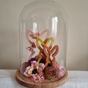 Glass bell decorated with rabbits of flowers and light &quot;BELL TO THE RABBITS&quot;
