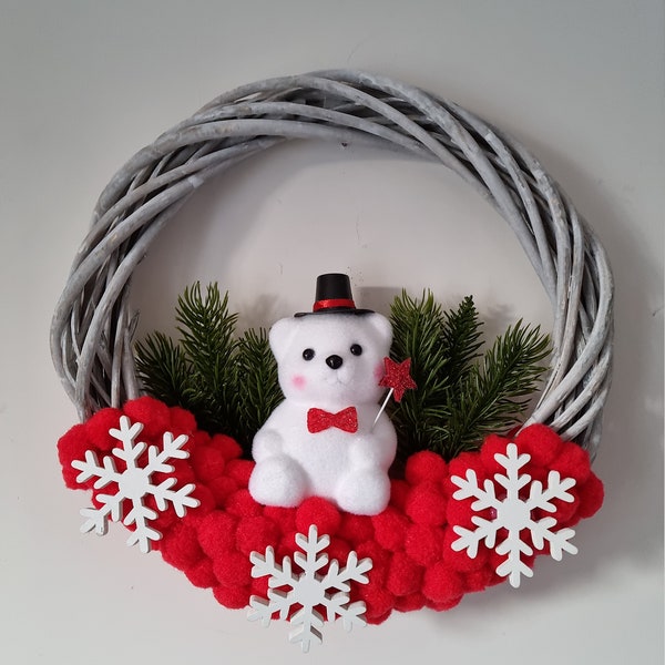 Crown in gray wicker decorated red tassel bear and fir branch "NOUNOURS LAND"