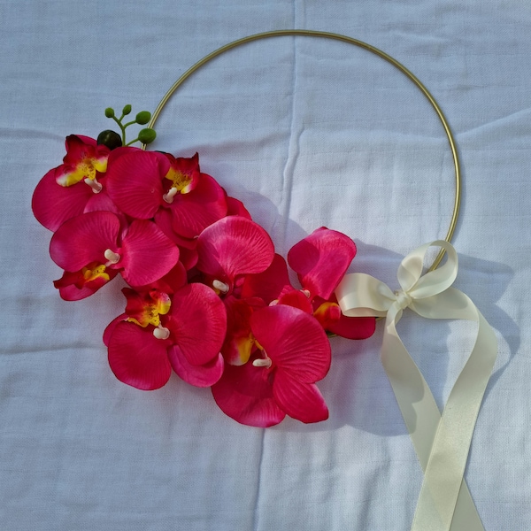 Cercle décoratif fleuri en métal noir orchidée et ruban "ORCHIDEE FUCHSIA"