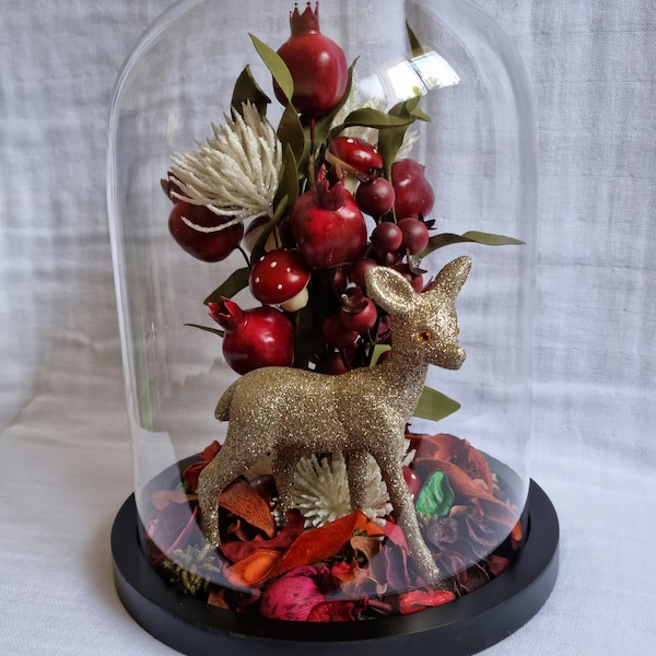 Cloche en verre traditionnel décoré de grenade berry fleurs pailleté pot pourri renne doré mini champignons "CERFS AUX GRENADES"