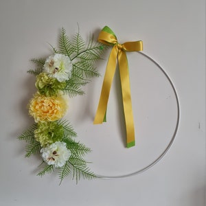 White metal circle decorated with flowers peony peony green foliage satin ribbon "GREEN FRESHNESS"
