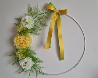 White metal circle decorated with flowers peony peony green foliage satin ribbon "GREEN FRESHNESS"