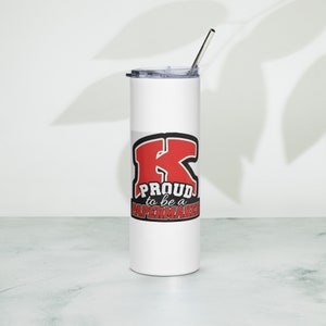 May include: White stainless steel tumbler with a red and black logo that says "Proud to be a Papermaker" and a large red "K".