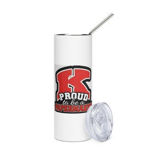 May include: White stainless steel tumbler with a red and black logo that says "Proud to be a Papermaker" and a large red "K". The tumbler has a clear lid and a stainless steel straw.