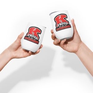 May include: Two white stainless steel wine tumblers with a red and black graphic that says "Proud to be a Papermaker" and a red "K".