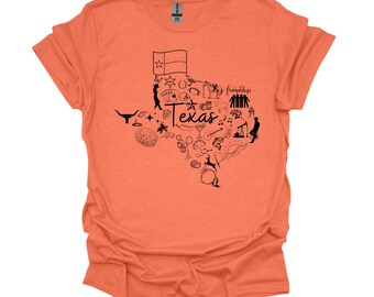 Texas Icons Heather Orange Gildan 64000 Softstyle Texas T-Shirt, Texas Map, Texas Gifts, Texas Fan Tee, Home State Shirt, Gift for Texan