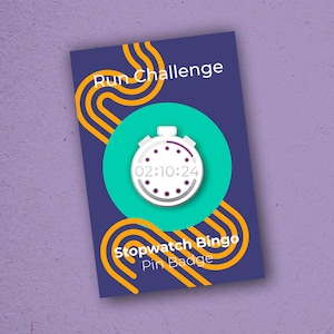 May include: A navy blue pin badge design with a teal circle and a white stopwatch displaying 02:10:24. The text "Run Challenge" and "Stopwatch Bingo Pin Badge" are in white. The design incorporates orange and yellow curved lines.
