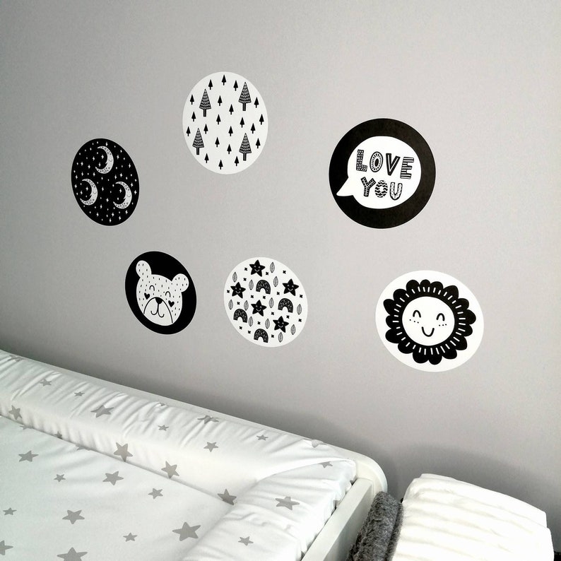 6 Scandi Design Baby Sensory Vinyl Wall Stickers High Contrast White Black Newborn Vision RSBC Charity zdjęcie 1