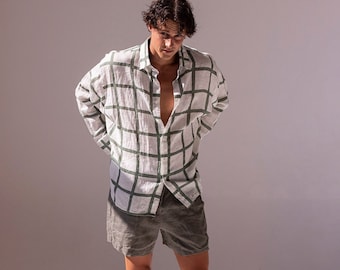 Soft linen set (shirt and shorts) for men with original print | loungewear | button down shirt | shirt for summer