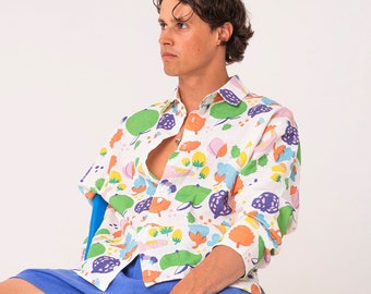 Chemise en lin blanc pour homme avec imprimé original | | loungewear chemise en lin | chemise pour hommes | chemise homme