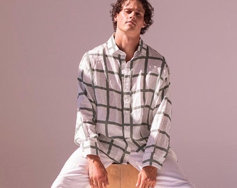 Pronto per la spedizione / Camicia in morbido lino da uomo con stampa originale / abbigliamento da casa / camicia in lino / camicia da uomo / camicia da uomo