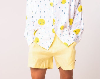Short en lin jaune pour homme | short avec poches | pyjama pour homme | vêtements de détente