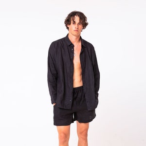 Black linen set shirt and shorts for men loungewear button down shirt shirt for summer festival outfit image 7