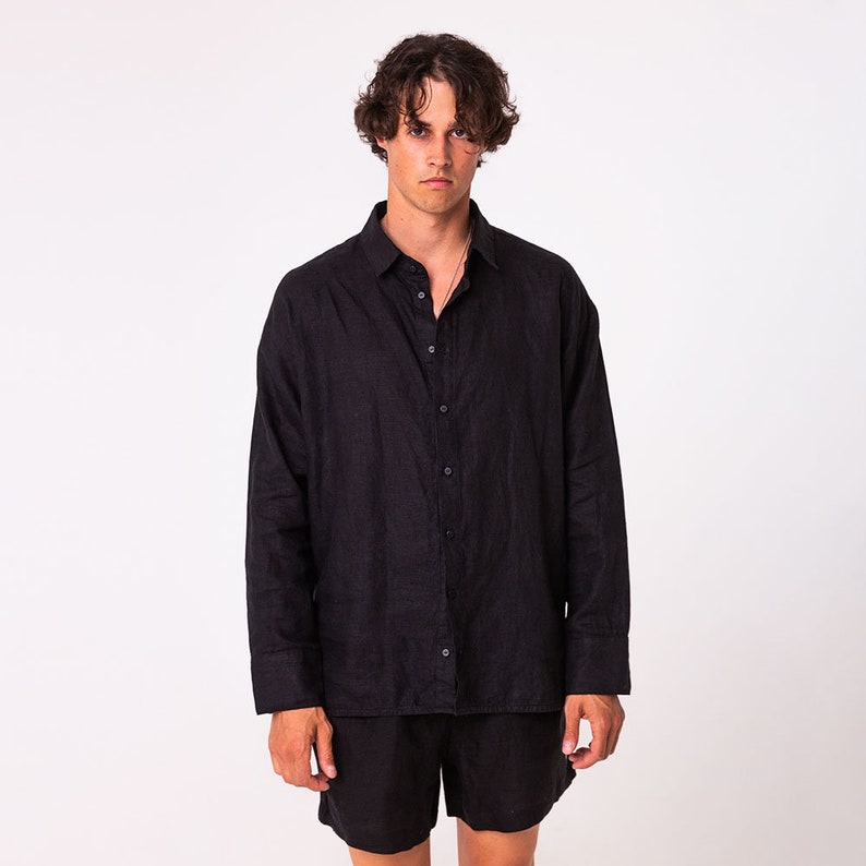 Black linen set shirt and shorts for men loungewear button down shirt shirt for summer festival outfit image 2