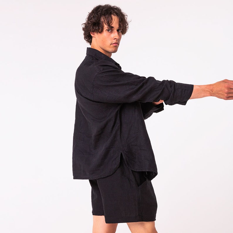 Black linen set shirt and shorts for men loungewear button down shirt shirt for summer festival outfit image 4