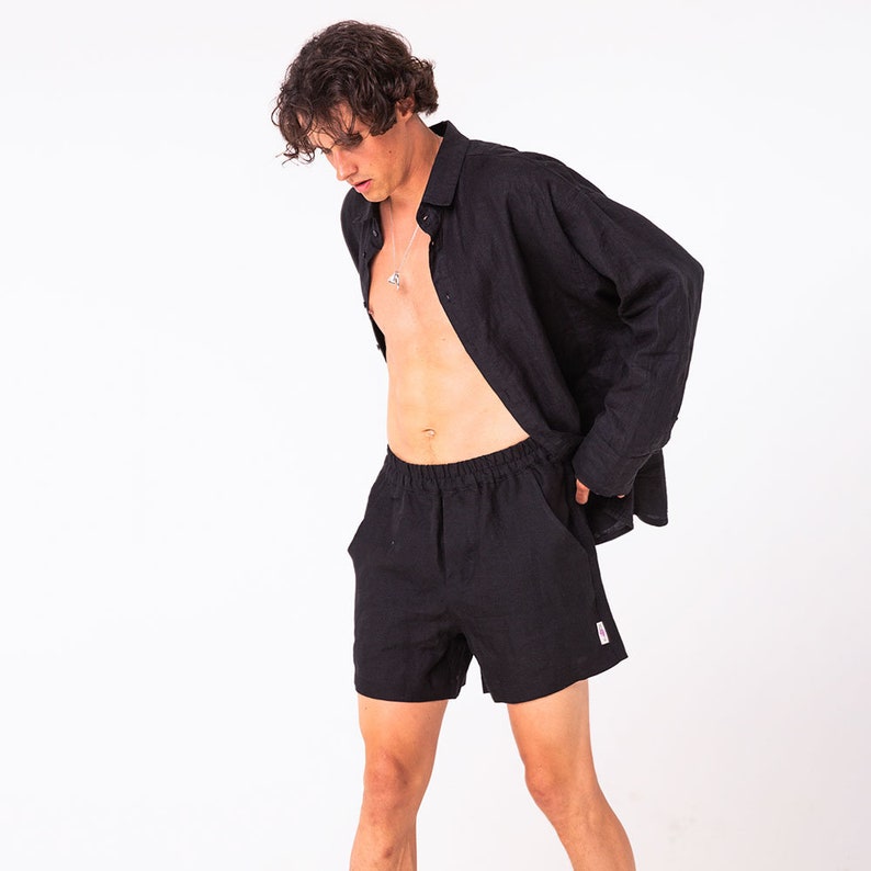 Black linen set shirt and shorts for men loungewear button down shirt shirt for summer festival outfit image 1