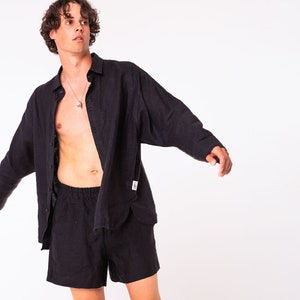 Black linen set shirt and shorts for men loungewear button down shirt shirt for summer festival outfit image 6