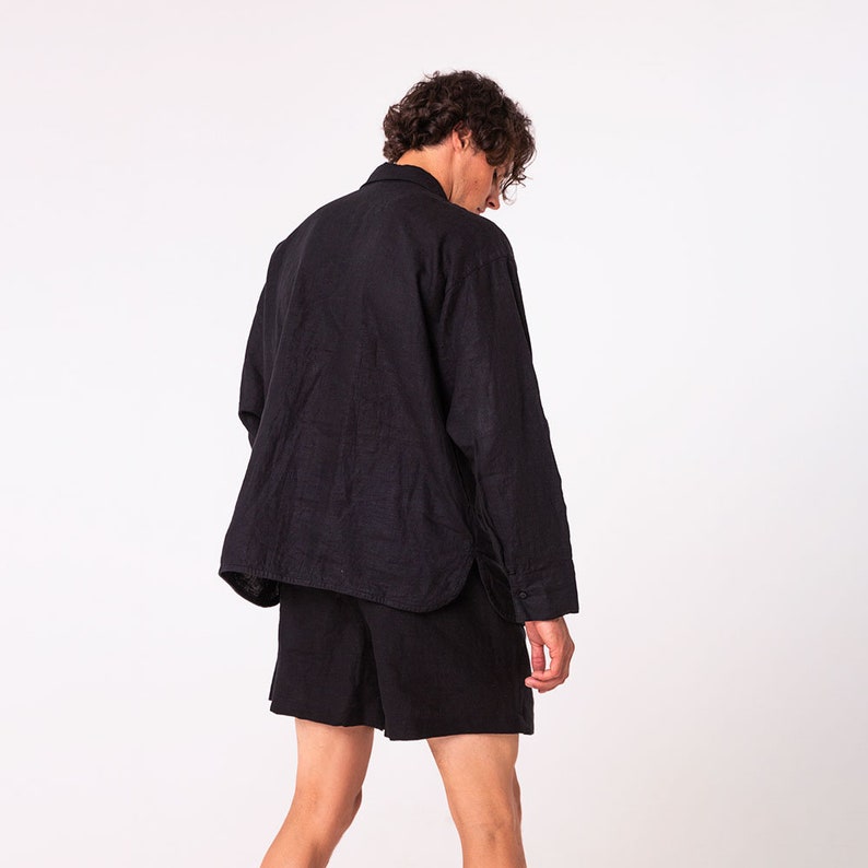 Black linen set shirt and shorts for men loungewear button down shirt shirt for summer festival outfit image 3