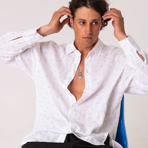 Ready to ship | White linen shirt for men with original print | loungewear | linen shirt  | shirt for men | men's shirt