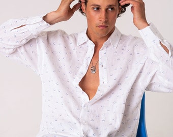 White linen shirt for men with original print | loungewear | linen shirt  | shirt for men | men's shirt