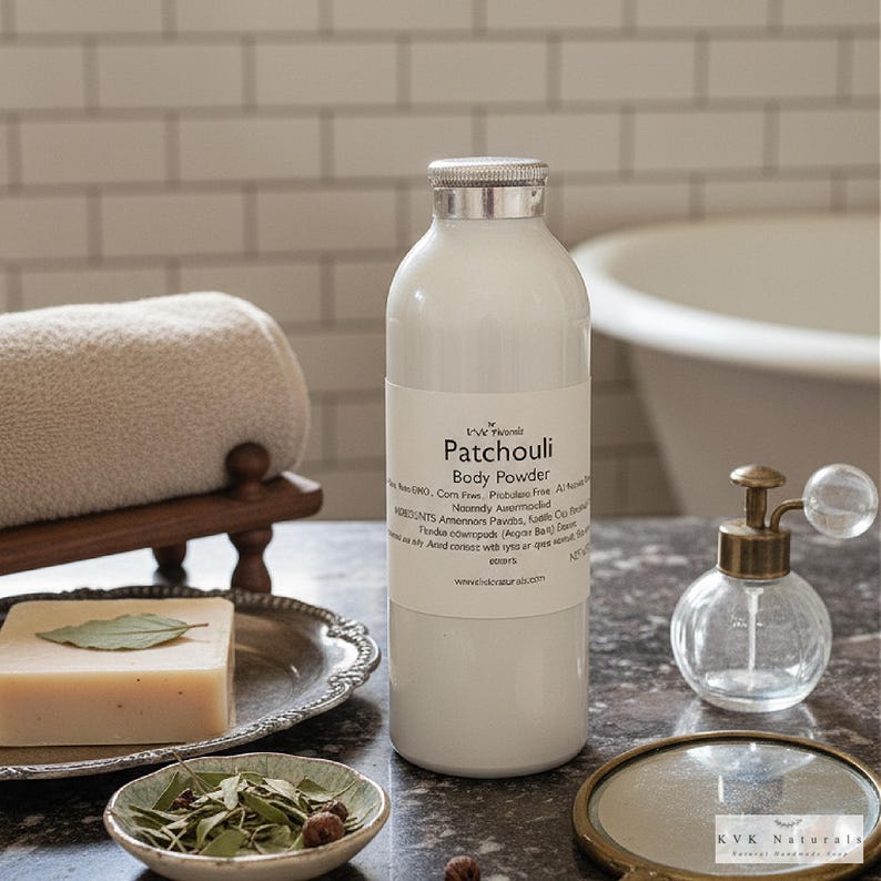 May include: A white bottle of "Patchouli Body Powder" with a silver cap sits on a marble surface. Beside it are a bar of soap with a leaf, a small bowl of herbs, a rolled towel, and a vintage perfume bottle.