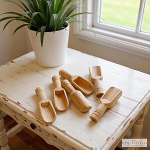 May include: A collection of small, wooden scoops with rounded bowls and short handles. The scoops are made of light-colored wood and are arranged on a distressed white table. A potted plant sits in the background near a window.