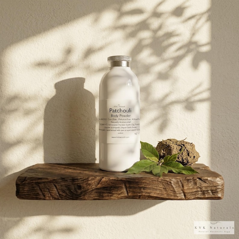 May include: A white bottle of Patchouli Body Powder with a silver cap sits on a rustic wooden shelf. Beside it are green leaves and a small, brown, dried plant. The shelf is against a white wall with shadows.