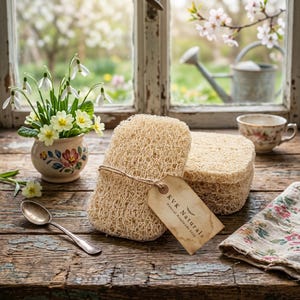 Puede incluir: Dos esponjas de lufa naturales beige, con una etiqueta que dice "KVK Naturals Natural Handmade Soap" atada con hilo. Las esponjas tienen un aspecto texturizado y fibroso. También se ve un pequeño arreglo floral y una taza de té vintage.