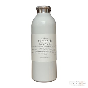 May include: A white bottle of KVK Naturals Patchouli Body Powder with a silver lid. The label includes the product name, ingredients, and website address. The powder is non-GMO, corn-free, and phthalate-free.
