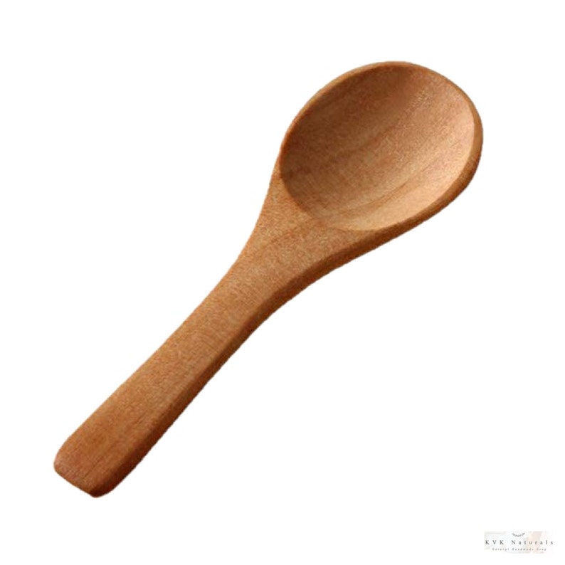 May include: A small wooden spoon with a rounded bowl and a long, flat handle. The spoon is made of light brown wood and appears to be new. The spoon is designed for scooping and serving food. The spoon is a kitchen utensil.