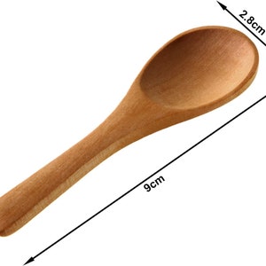 May include: A small, light brown wooden spoon, measuring 9 cm in length and 2.8 cm across the bowl. The spoon features a rounded bowl and a slender handle. The wood grain is visible. Suitable for spices or small servings.