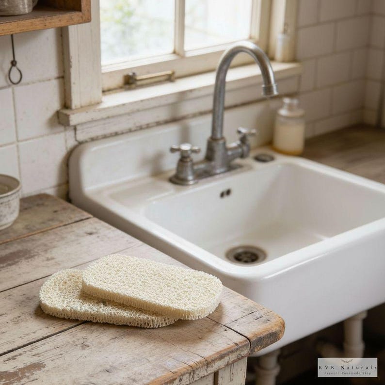May include: Two off-white, rectangular, textured sponges are stacked on a distressed wooden table. A white porcelain sink with a chrome faucet and a window are in the background. The scene has a rustic, farmhouse aesthetic.